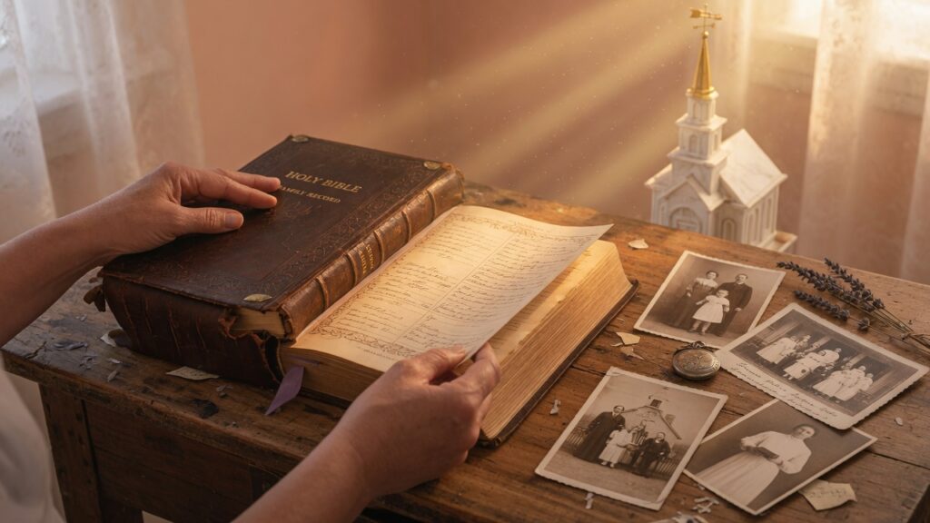 Apostolic Quotes on Temple Work: 30 Inspiring Insights for You An antique Bible and vintage photos representing apostolic quotes on temple work.