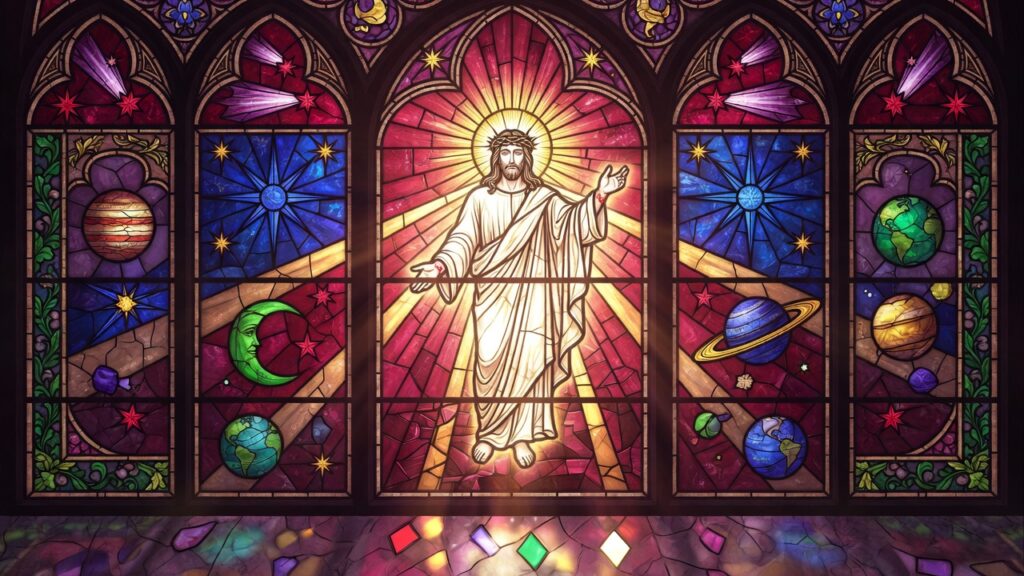 A beautiful stained glass window of the Savior representing the Resurrection.