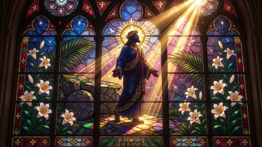 A beautiful stained glass window of the Resurrection representing the last days of the Savior.