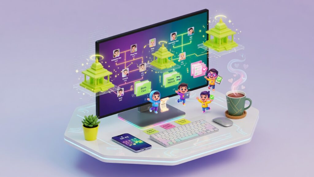 Temple Ordinance Work: 8 Incredible Tools Explained A 3D illustration of a computer showing family trees representing temple ordinance work.