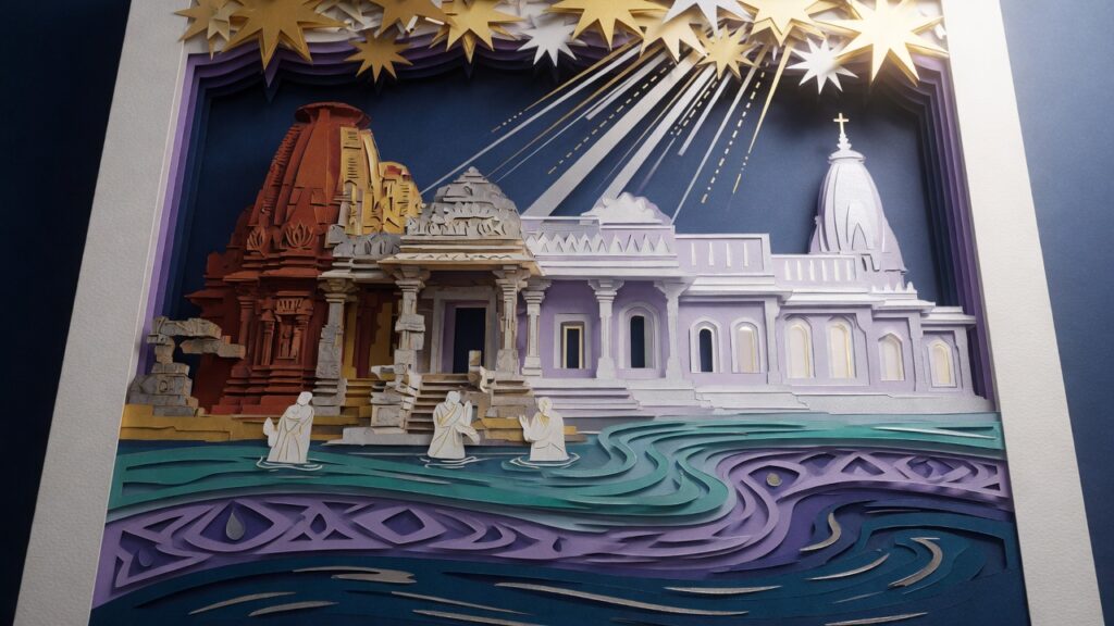 A dimensional paper cut-out illustration representing ancient and modern temple ordinances.