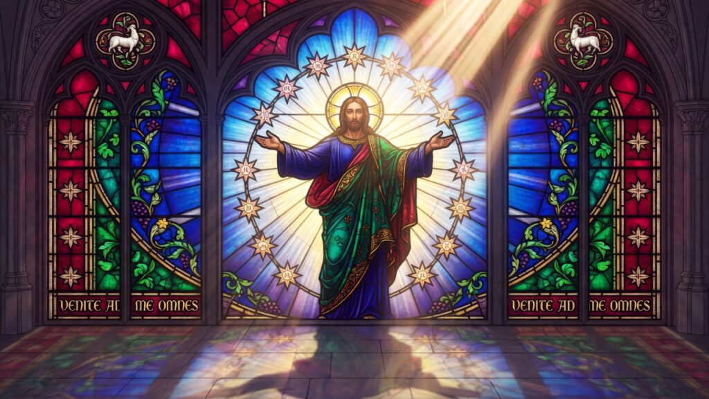 A beautiful stained glass window of Jesus Christ representing apostolic testimonies of the Savior.