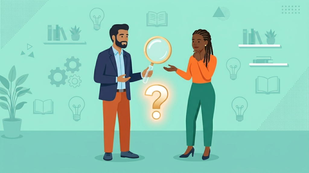 A flat vector illustration of a magnifying glass and a question mark representing how to ask better questions.