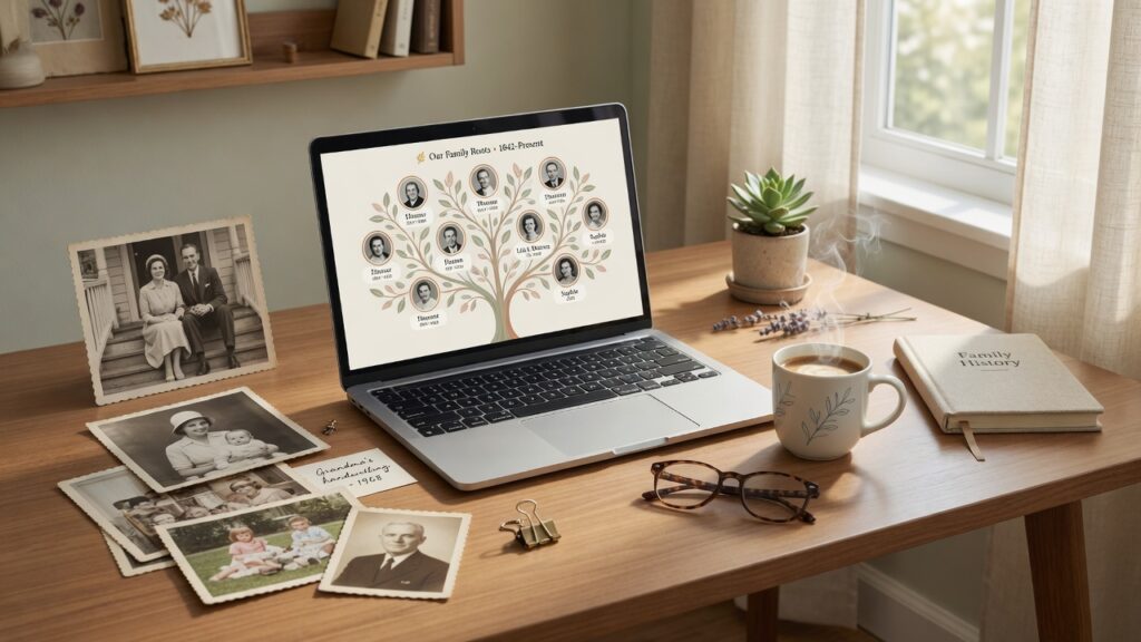 FamilySearch Fact Sheet: 7 Incredible Features You Must Know A laptop showing a family tree representing a FamilySearch fact sheet.