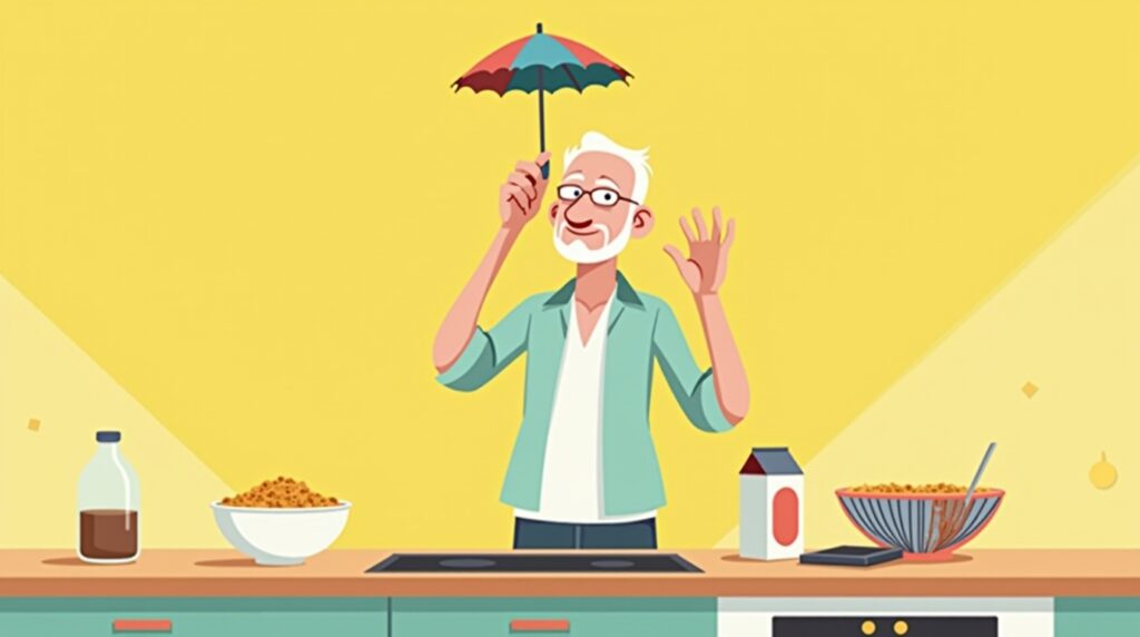 A flat vector illustration of a funny kitchen moment representing getting old mishaps.