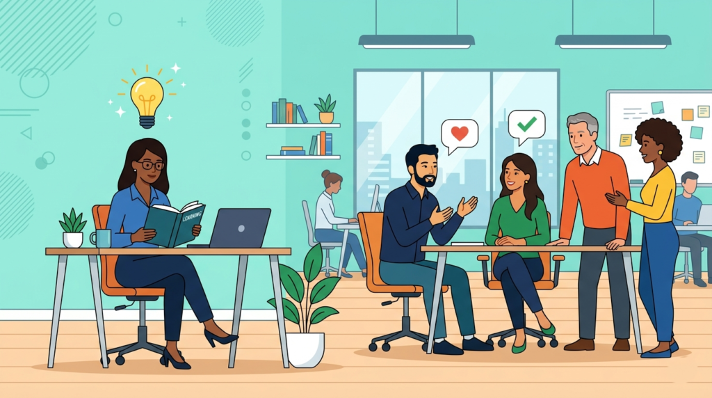 A flat vector illustration representing the positive habits and traits of intelligent people.