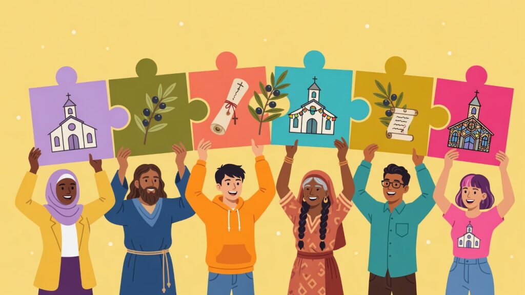 Modern Day Church of Christ: 72 Fascinating Scriptures Explained A flat vector illustration representing the modern day Church of Christ and ancient scriptures.