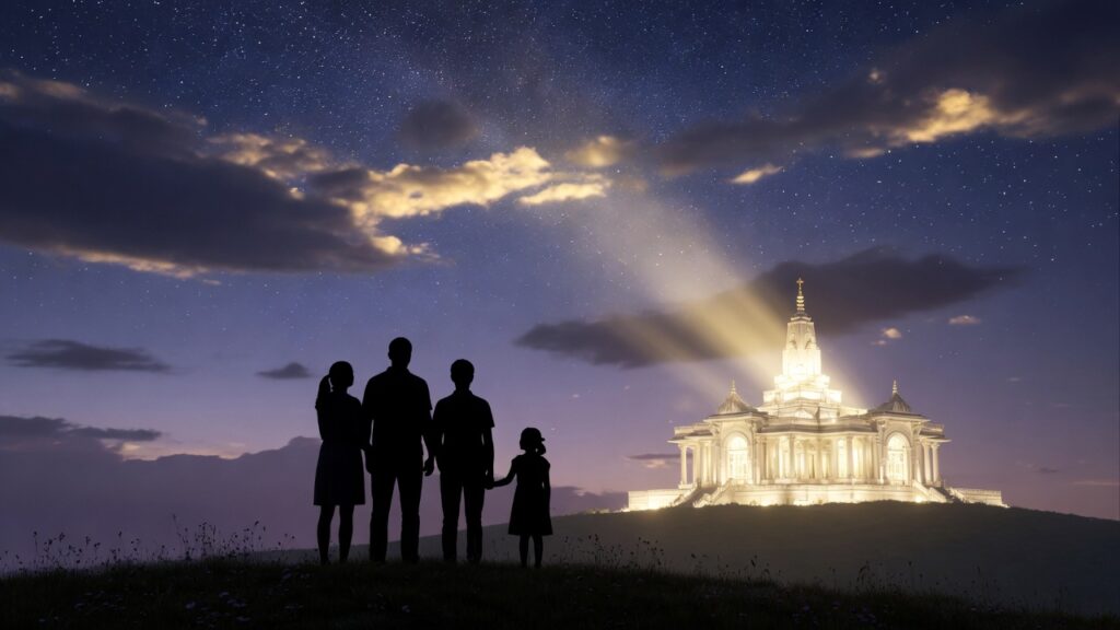 Work for the Dead: 30 Inspiring Quotes on Our Responsibility A cinematic silhouette of a family looking at a glowing temple representing the work for the dead.