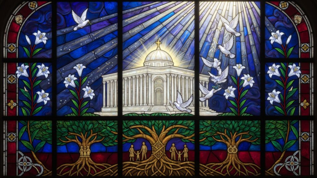 A beautiful stained glass window representing apostolic quotes on family history.