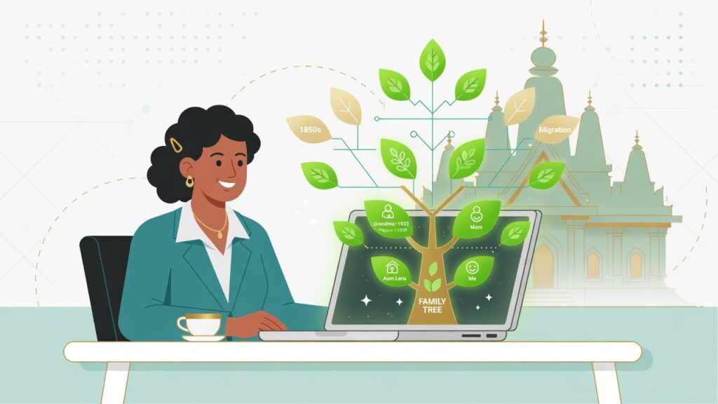 Temple Opportunities: 9 Brilliant Ways to Find Names A flat vector illustration of a glowing digital family tree representing how to find temple opportunities.