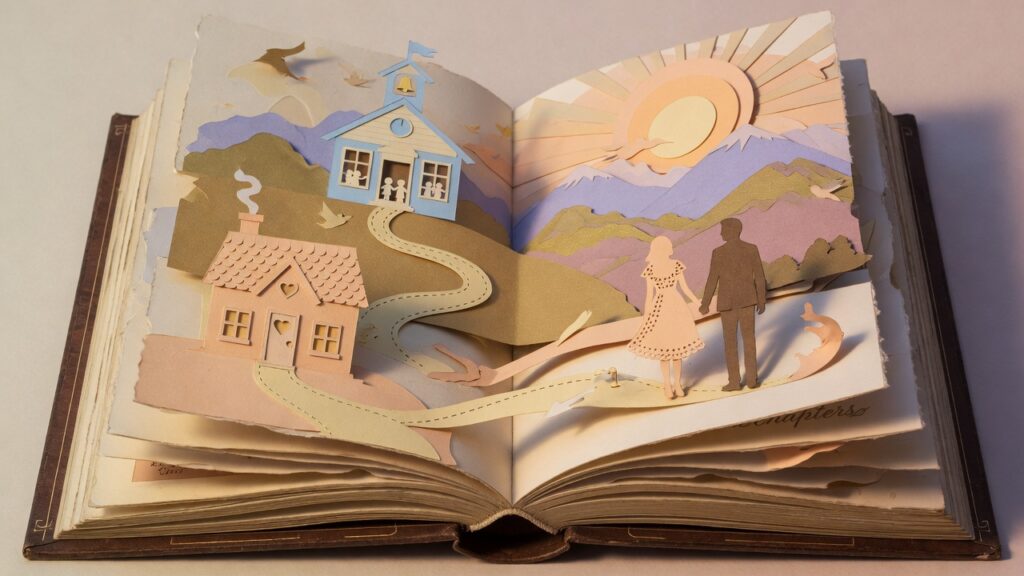 A layered paper cut-out of an open book representing how to write a personal history.