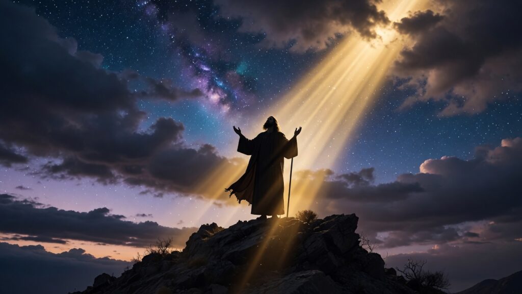 A cinematic silhouette of a prophet experiencing a vision representing heavenly visitors.