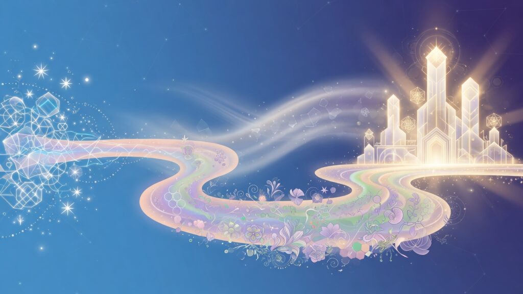 A soft watercolor illustration of a winding path representing the four stages of existence.