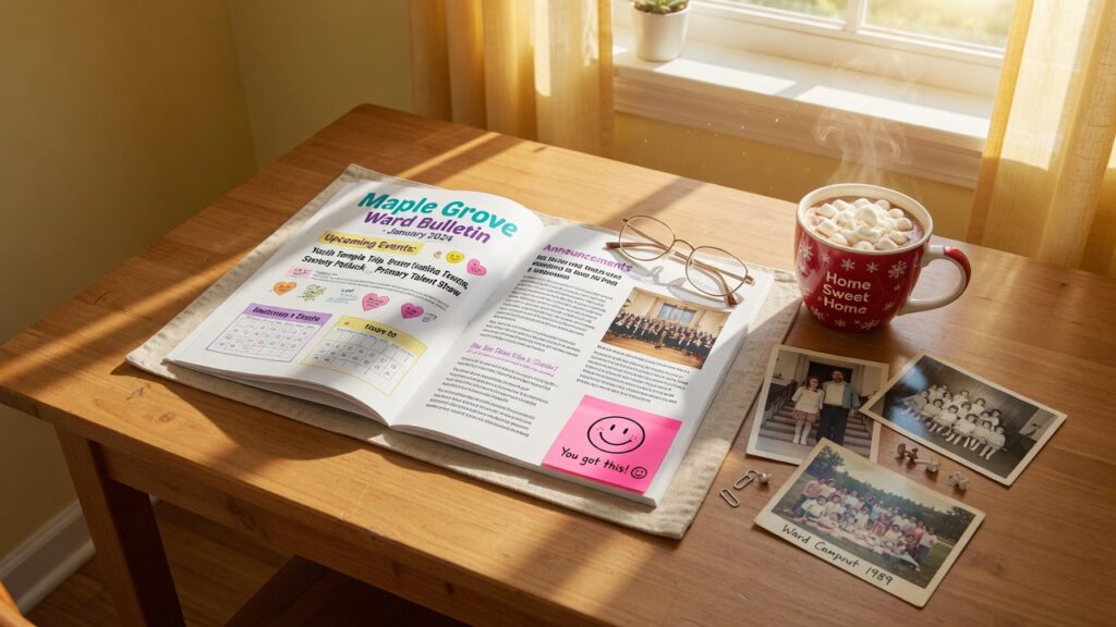 Family History Quips: 500 Amazing Zingers for Your Ward Bulletin A ward bulletin and sticky notes representing family history quips.