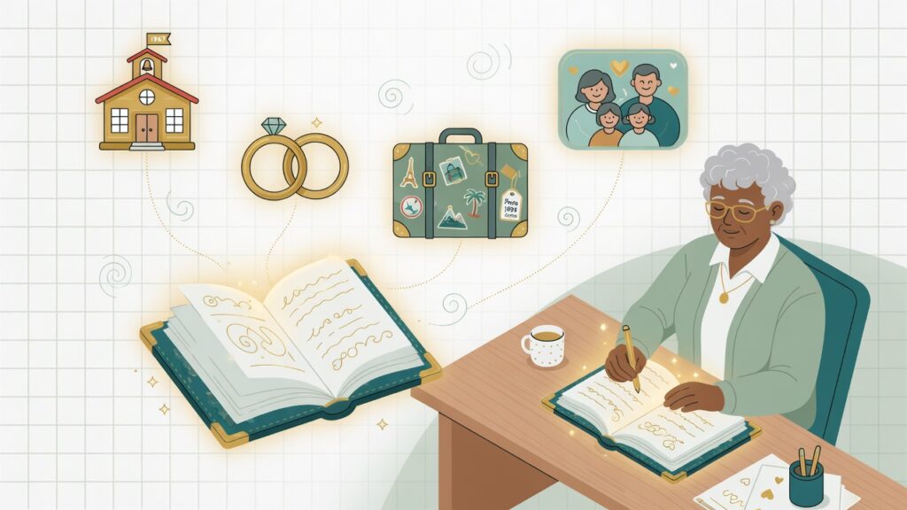 flat vector illustration of a person writing in a journal representing writing my life history.