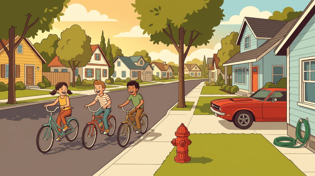A flat vector illustration of children riding bikes representing memories from the good old days.