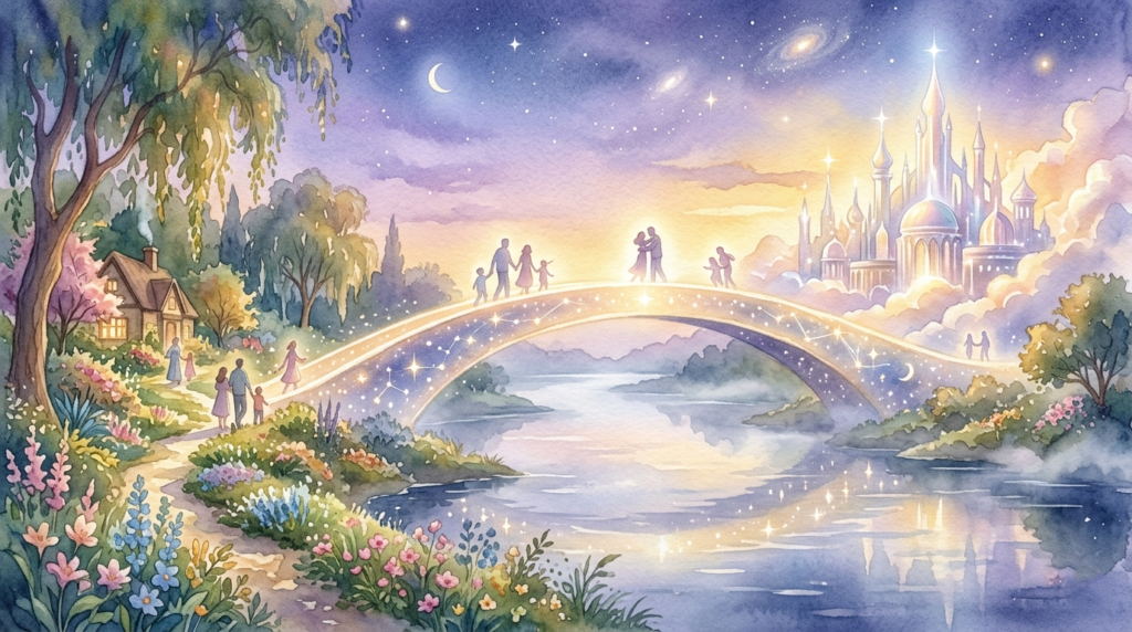 A soft watercolor illustration representing the eternal journey into the spirit world.