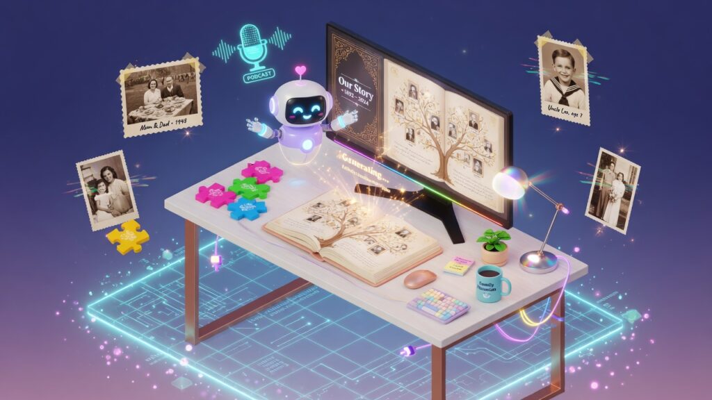 A 3D render of a computer generating a book representing how to write your life history using AI.